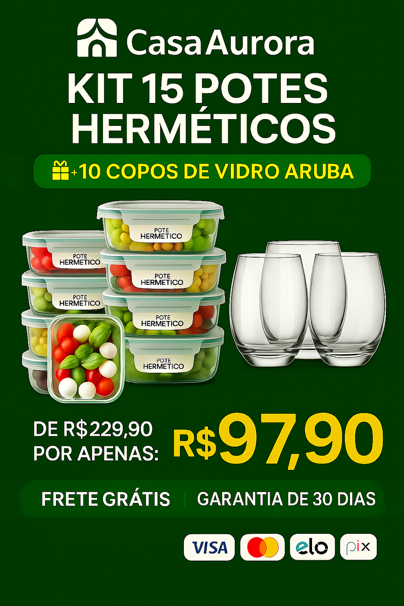 Kit 15 Potes Herméticos de Vidro + 10 Copos de Vidro Aruba de Brinde